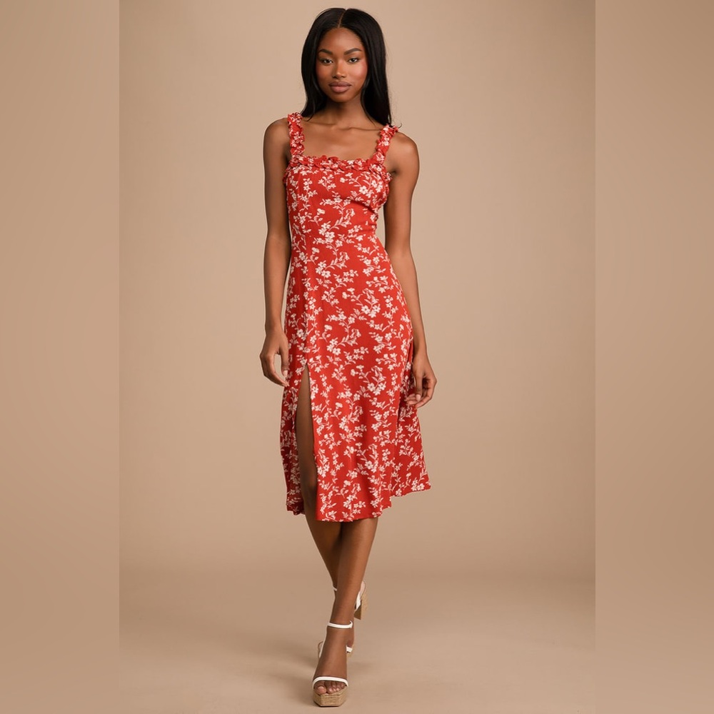 NWOT Lulu’s Garden Date Red Orange Floral Print Ruffle Midi Dress